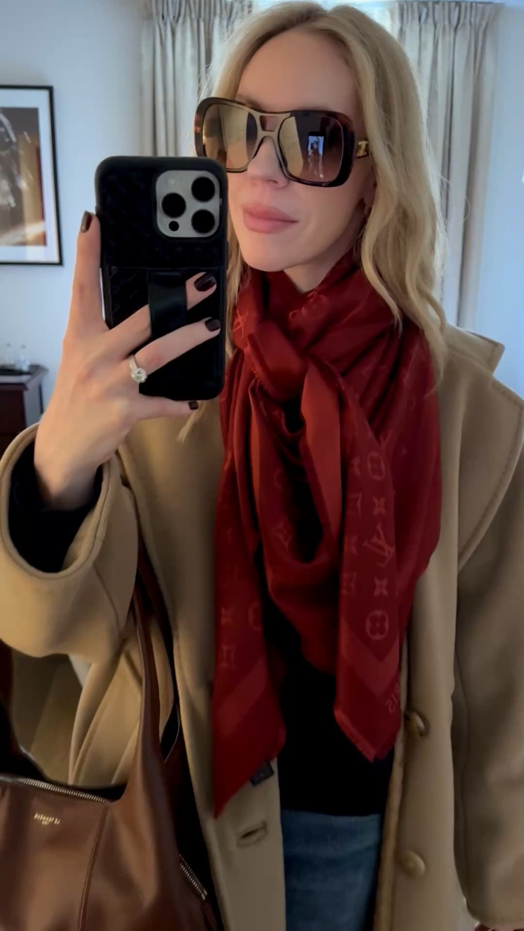 Travel look, Celine aviator sunglasses, red Louis Vuitton scarf, camel coat, mahogany brown handbag, navy blue and red, Adidas Samba sneakers 

#LTKootd #LTKTravel #LTKOver40