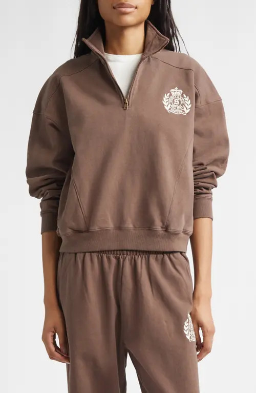 Sporty & Rich NY Crest Embroidered Half Zip Fleece Sweatshirt in Chocolate at Nordstrom, Size Small | Nordstrom