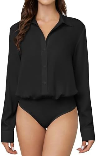 TQD Women Button Down Bodysuit Long Sleeve Collared Shirt Satin Blouse Bodysuits Tops Business Ca... | Amazon (US)