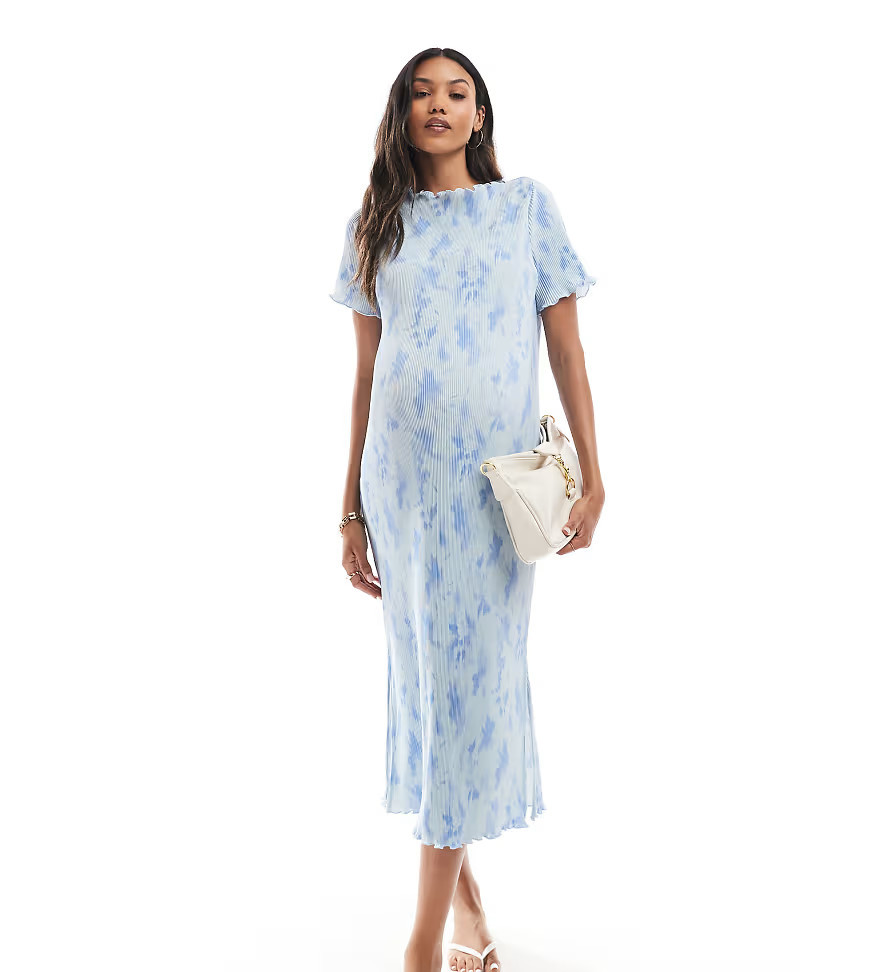 Mamalicious Maternity plisse midi dress in blue tie dye | ASOS (Global)