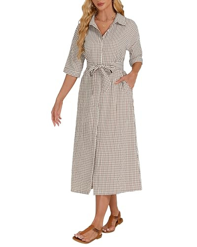 Women's Half Sleeve Plaid Maxi Dress 2026 Spring Summer Gingham Casual Button Down Long Loose Bel... | Amazon (US)