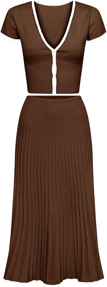 Tanming Women's Two Piece Skirt Set Casual Short Sleeve Crop Top Ribbed Knit Midi Pleated Skirt | Amazon (US)