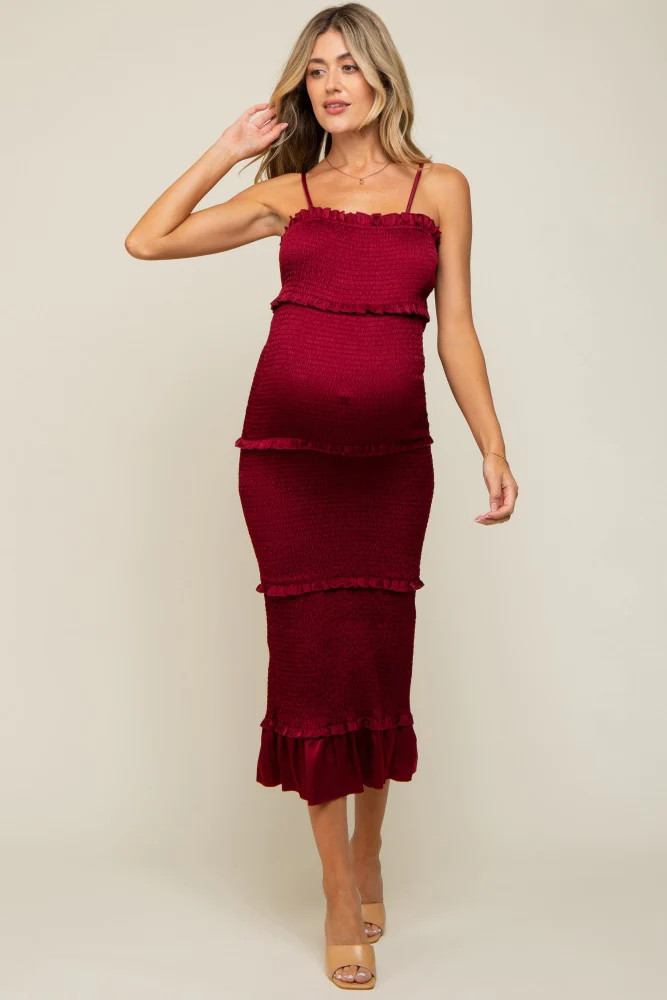 Burgundy Satin Smocked Fitted Maternity Midi Dress | PinkBlush Maternity