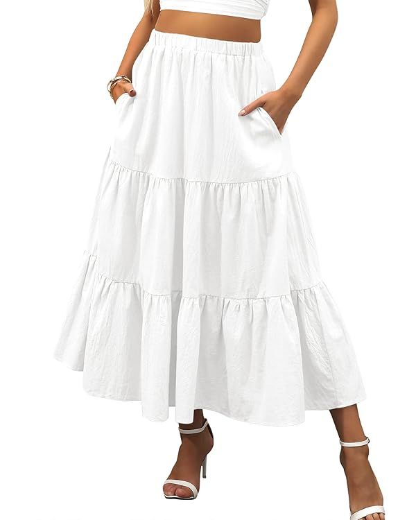 ANRABESS Women’s Summer Boho Elastic Waist Pleated A-Line Flowy Swing Tiered Long Beach Skirt D... | Amazon (US)