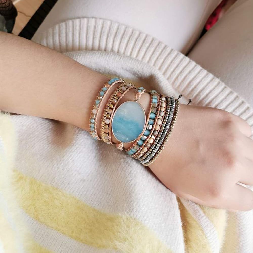 Boho Leather Handmade Natural Stone Crystal Bead Wrap Bracelets Collection | Amazon (US)
