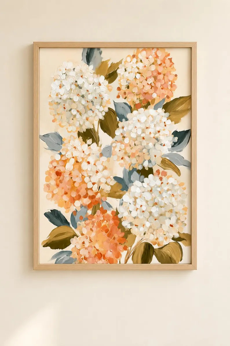 Fall Hydrangea Wall Art Print, Autumn Floral Wall Decor, Orange Hydrangea Painting, Neutral Fall ... | Etsy (Global)