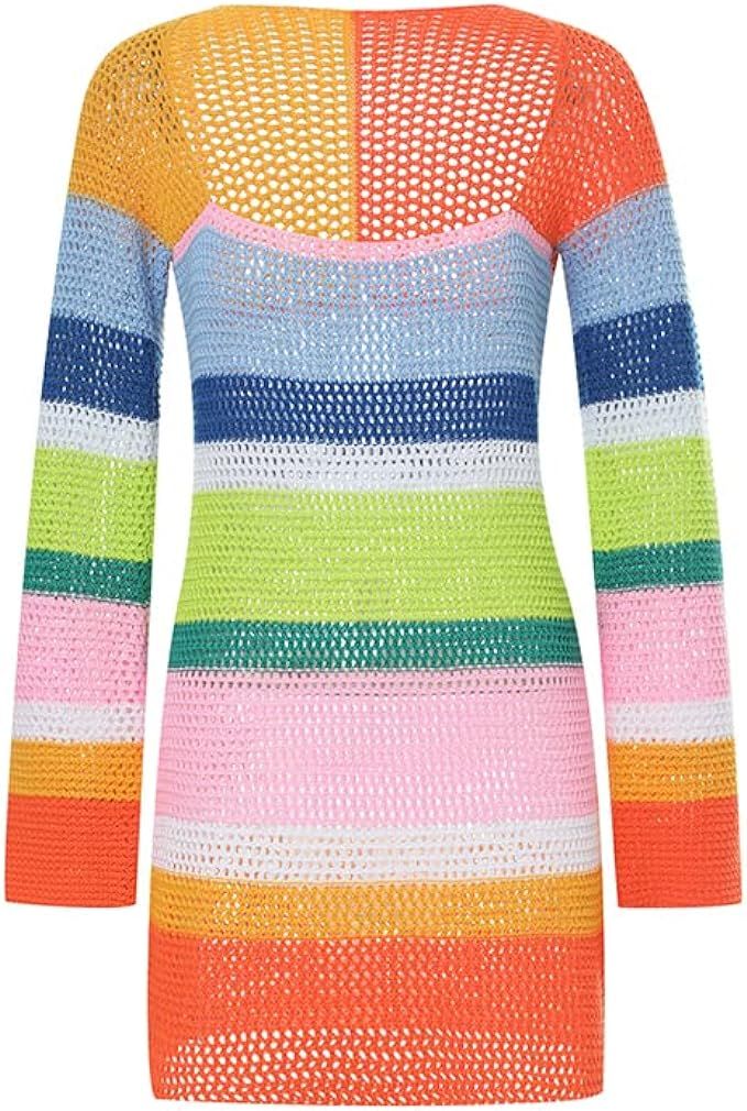 Womens Knitted Crochet Dress V Neck One-Piece Rainbow Striped Sweater Dress Long Sleeve Hollow Be... | Amazon (US)