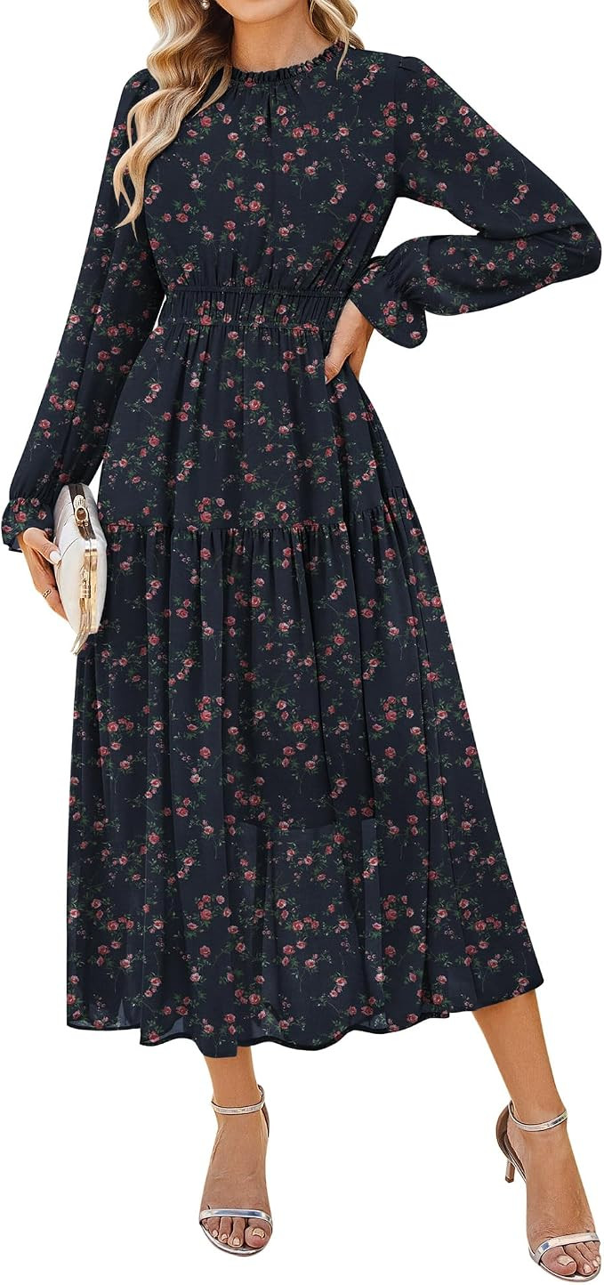 GRACE KARIN Women's Floral Long Sleeve Fall Wedding Guest Maxi Dress | 2026 Chiffon,Side Pockets,... | Amazon (US)