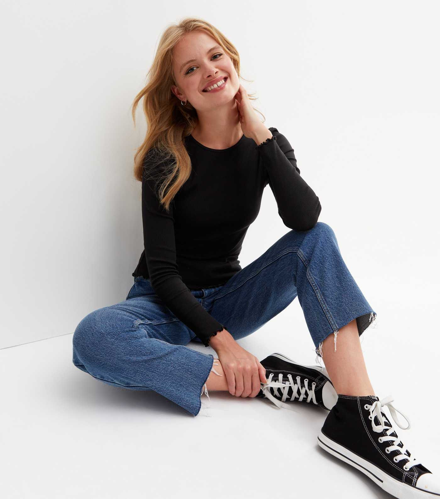 Black Ribbed Frill Long Sleeve Top | New Look | New Look (UK)