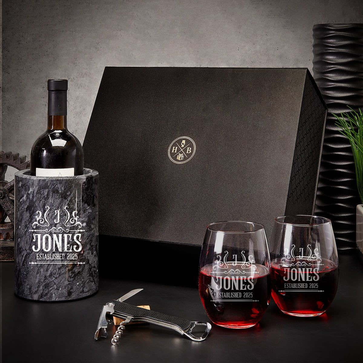 Custom Wine Chiller Box Set with Stemless Wine Glasses - 5pc | HomeWetBar.com