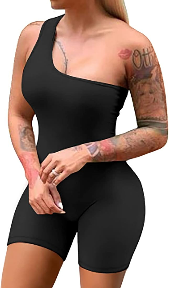 GOBLES Women's Sexy One Shoulder Sleeveless Bodycon Short Pants Jumpsuits One Piece Romper | Amazon (US)