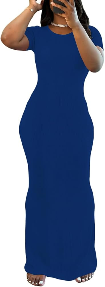 PINSV Women Summer Casual Bodycon Maxi Dress Scoop Neck Short Sleeve Long Dresses Club Party | Amazon (US)