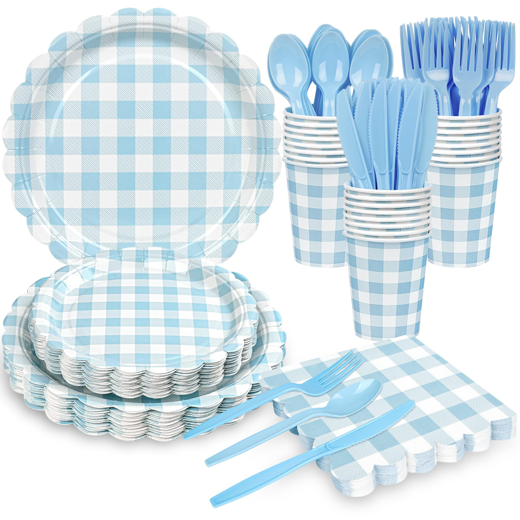 200 Pcs Gingham Party Supplies Blue Gingham Paper Plates and Napkins Set Disposable blue and Whit... | Amazon (US)