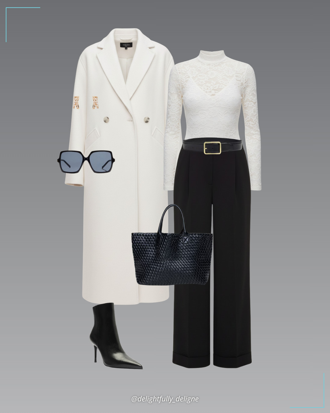 Dynamite Layers 🤍🖤Dynamite mock neck lace bodysuit and airflow wide-leg pants, oversized wool coat, high stiletto heel boots, rounded square faux leather belt, woven faux leather tote, oversized ’70s square sunglasses & double cuff hoop earrings. 

 #LTKgrwm #LTKootd #LTKOver40