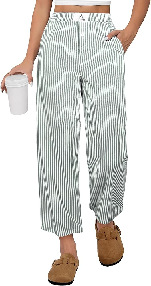ANRABESS Womens Gingham Striped Pants, Palazzo & Cropped, Comfy & Cute, Lounge Pajama Plaid PJ Bo... | Amazon (US)
