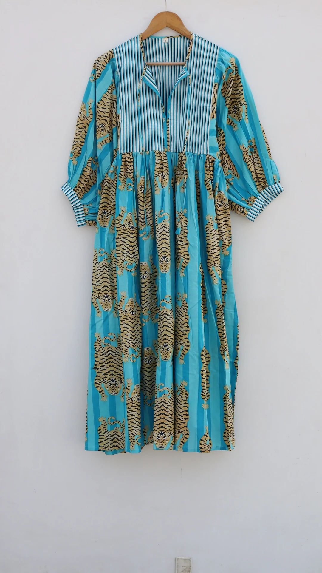 Aqua Blue Tiger Stripes Midi Dress, Mini Dress, Long Block Print Dress, Deep Neck With String Clo... | Etsy (US)