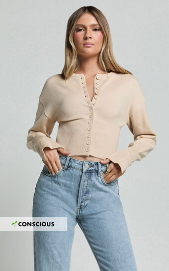 Ramsey Cardigan - Recycled Contoured Waist Button Down Cardigan in Cream | Showpo (US, UK & Europe)