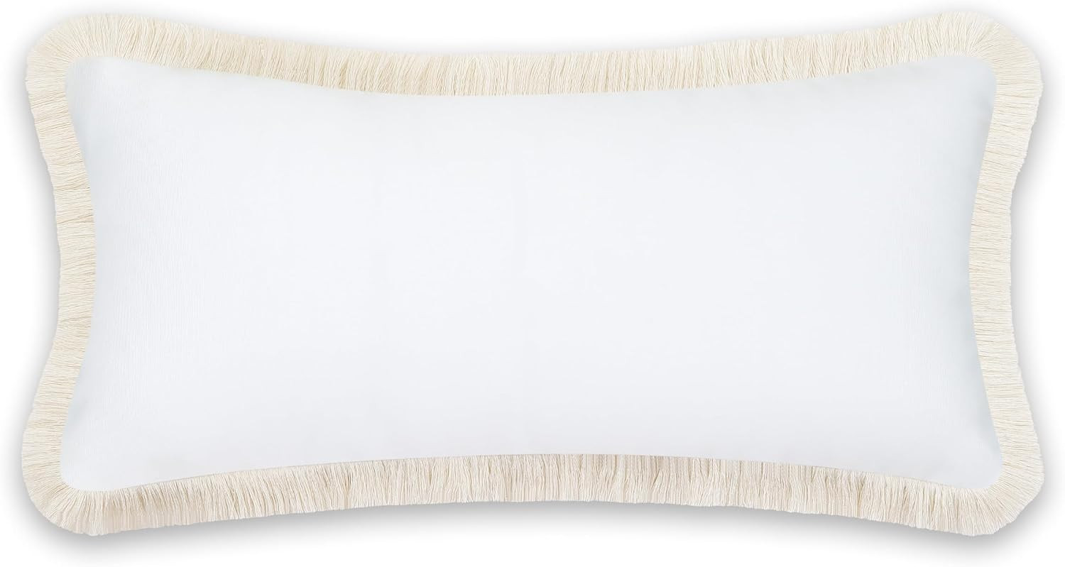 Hofdeco Premium Coastal Patio Indoor Outdoor Long Lumbar Pillow Cover Only, 12"x26" Water Repellent for Backyard, Couch, White Solid with Fringe | Amazon (US)