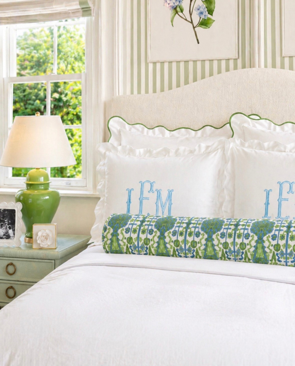 bedroom decor, dorm decor, bed styling, throw pillows, monogram bedding, scalloped pillows, patterned pillows, green bolster pillow, white bedding, layered bedding, neutral bedroom, feminine bedroom, preppy decor, coastal grandma, clean girl aesthetic, southern style, chic bedroom, cozy bedroom, aesthetic bedroom, home decor, home styling, bedroom inspo, dorm inspo, college apartment decor, sorority room, university of alabama, bama dorm, bedside styling, nightstand decor, lamp styling, green lamp, striped wallpaper, hydrangea art, floral artwork, pastel bedroom, blue and green bedroom, light and airy room, target home, amazon finds, ballard designs, wayfair home, affordable decor, LTK home