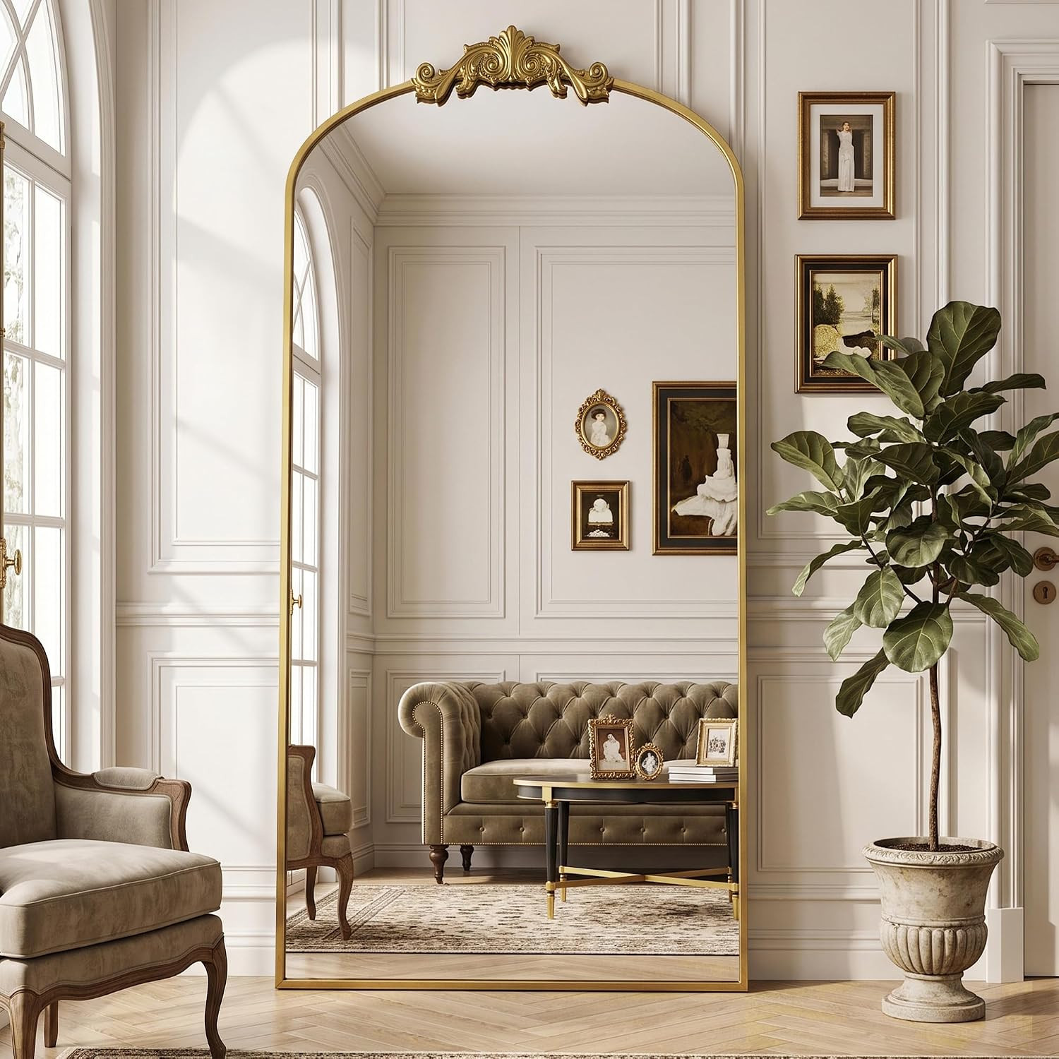 Antok Arched Full Length Mirror, 81"x41" Floor Mirror with Carved, Gold | Amazon (US)