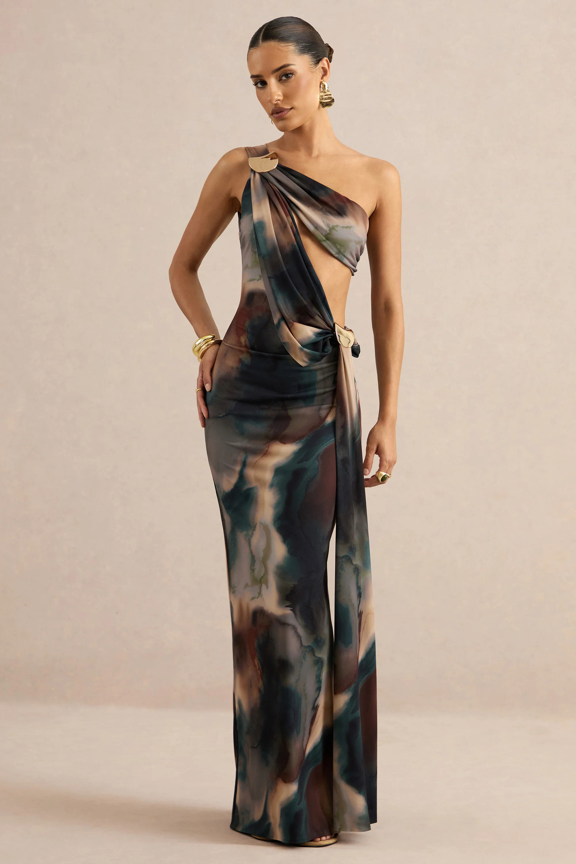 Maelys | Black And Blue Smoke Print Asymmetric-Neck Maxi Dress With Bo | Club L London