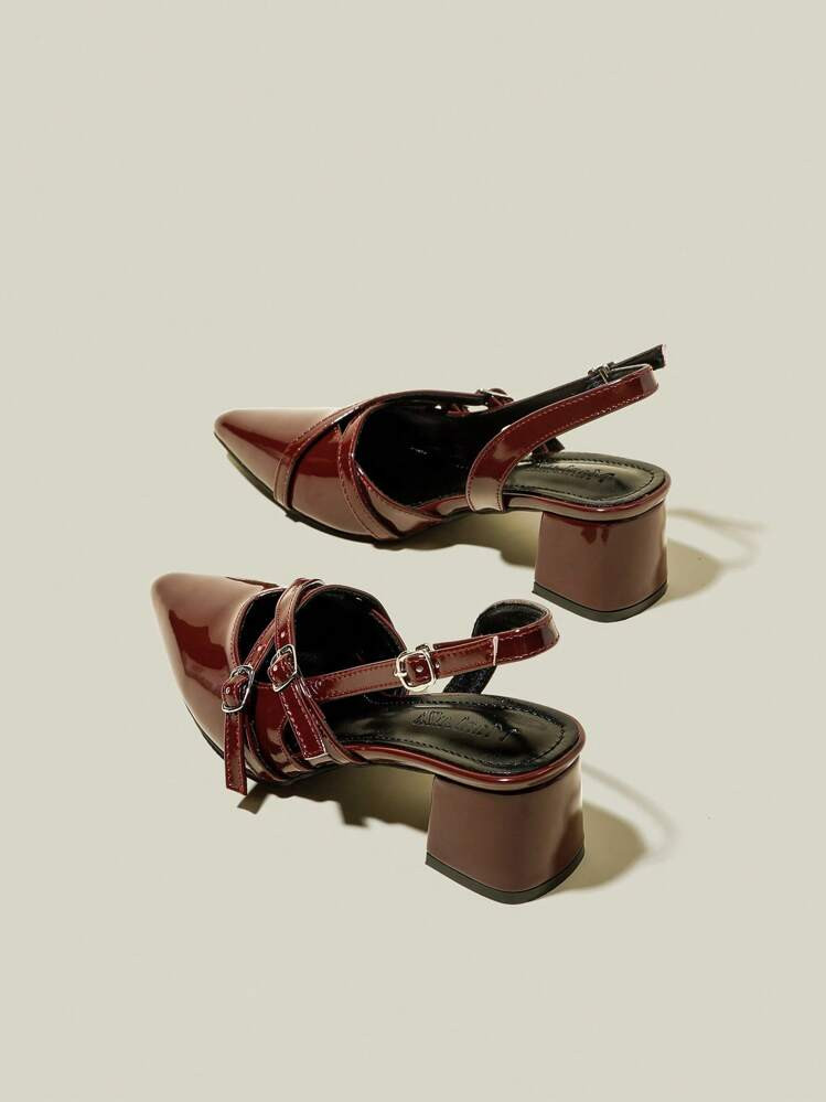 Women's Wine Red Patent Leather Pointed Toe Strap Chunky Heel Pumps High Heels, Elegant Pointed Toe Formal High Heels, Fashion Peep Toe Slingback High Heels
4.90
(100+)
 | SHEIN