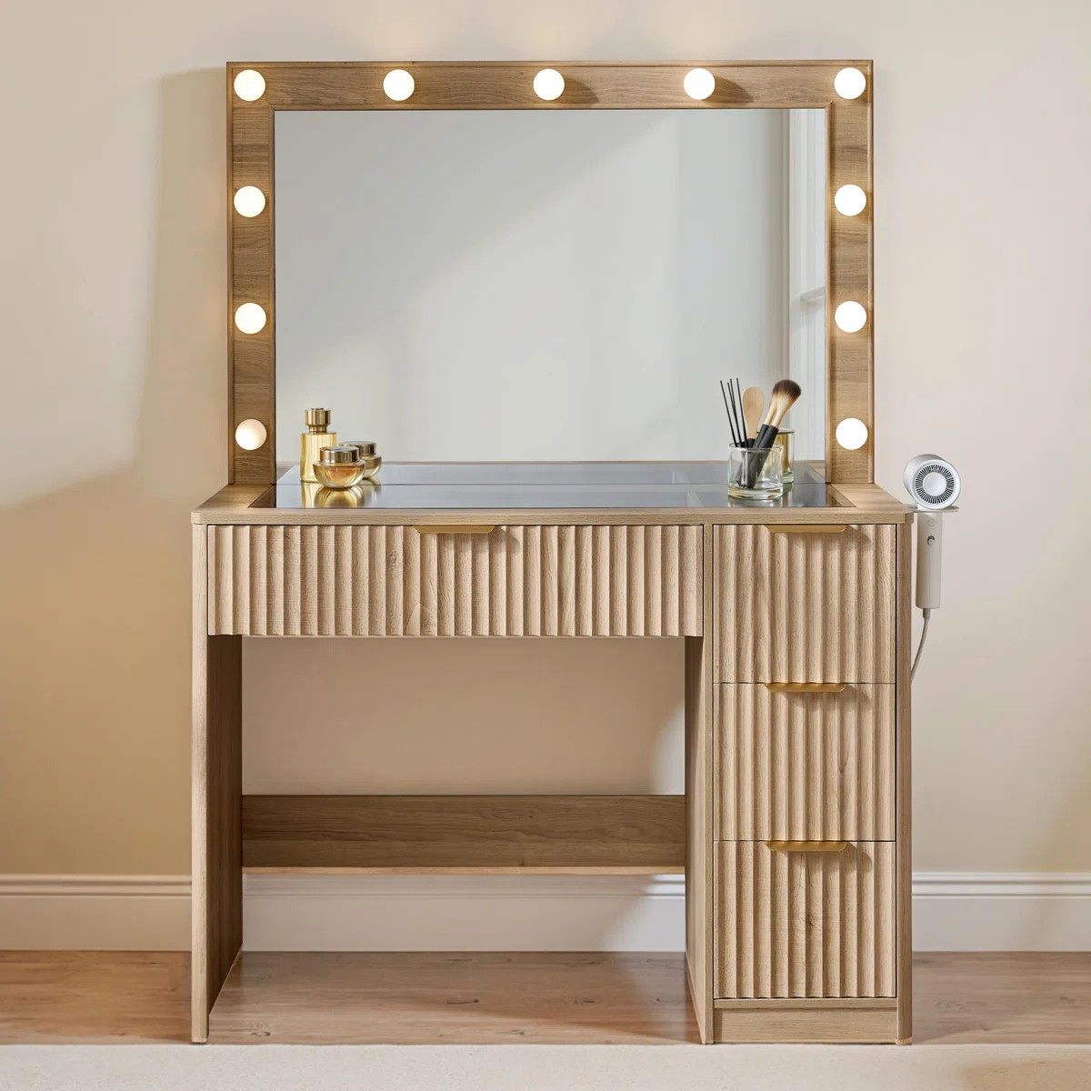 36.2" W Modern Vanity Desk With 4 Drawers, Led Lighted Mirror & Power Outlets, Natural | Wayfair North America