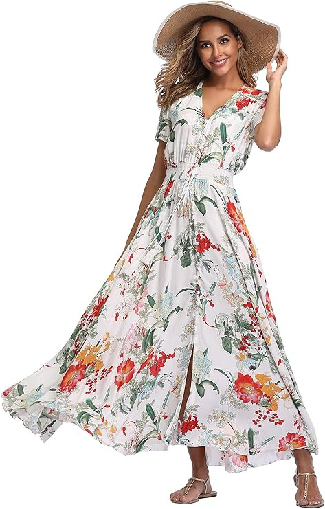 VintageClothing Women's Floral Maxi Dresses Boho Button Up Split Beach Party Dress | Amazon (US)