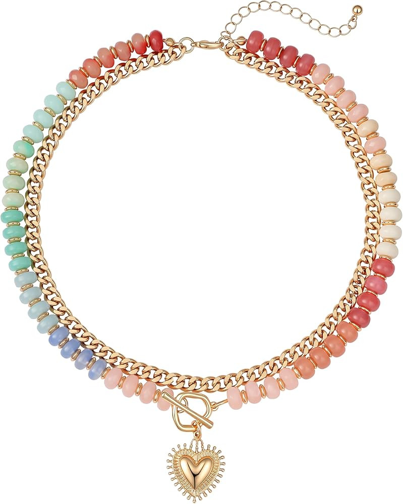 Layered Necklaces for Women, 14K Gold Plated Heart Pendant & Colorful Acrylic Beaded Choker, Cute... | Amazon (US)