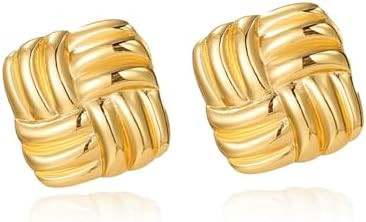 Gold Statement Chunky Stud Earrings for Women，Geometric Square Textured Vintage Trendy Jewelry | Amazon (US)