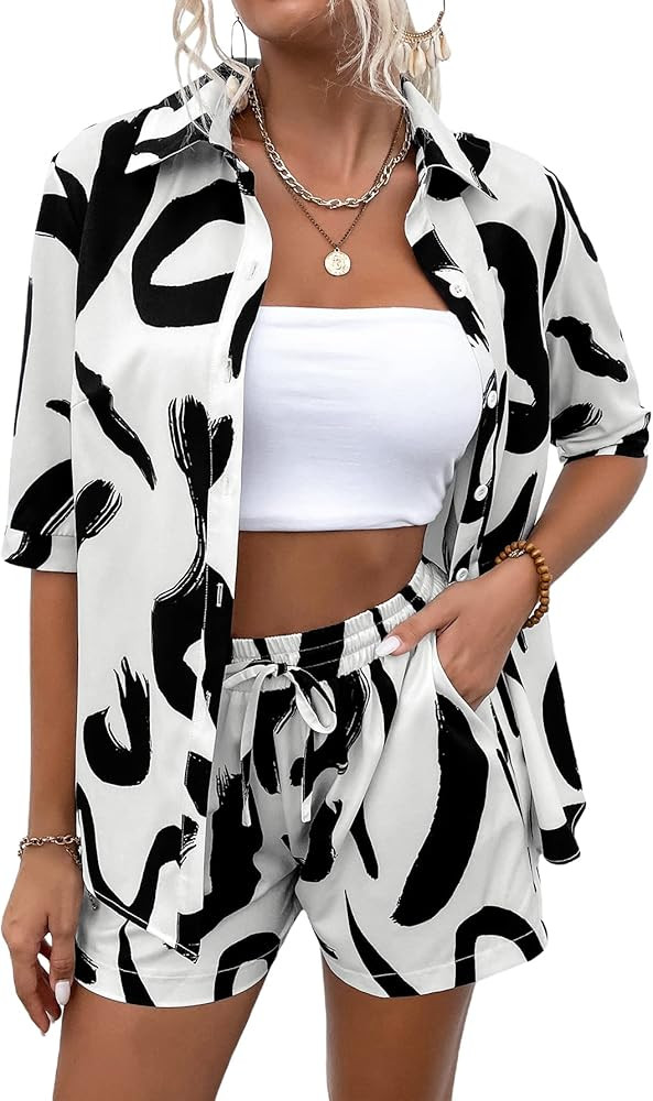 MakeMeChic Women's Boho 2 Piece Outfits Tropical Open Front Kimono Blouse and Shorts Set | Amazon (US)