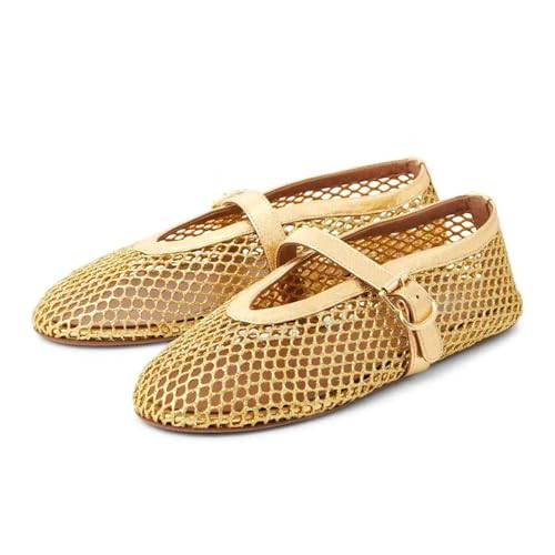 Adrizzlein Mesh Ballet Flats for Women Gold Ballerina Flats Buckle Strap Mesh Ballet Shoes Wide Width Fishnet Casual Summer Dress Flat Shoes Gold Size 7.5 | Amazon (US)
