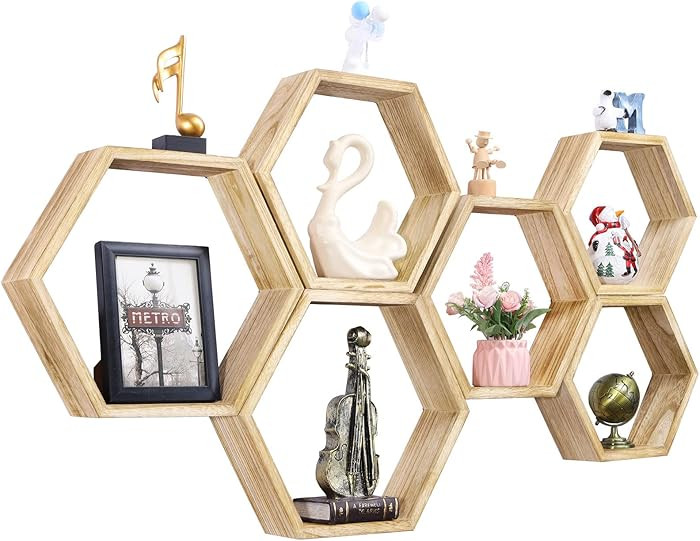 NOVIMANGO Hexagonal Floating Shelves Wall Mounted Set of 6 Wooden Hexagon Shelves Farmhouse Stora... | Amazon (US)
