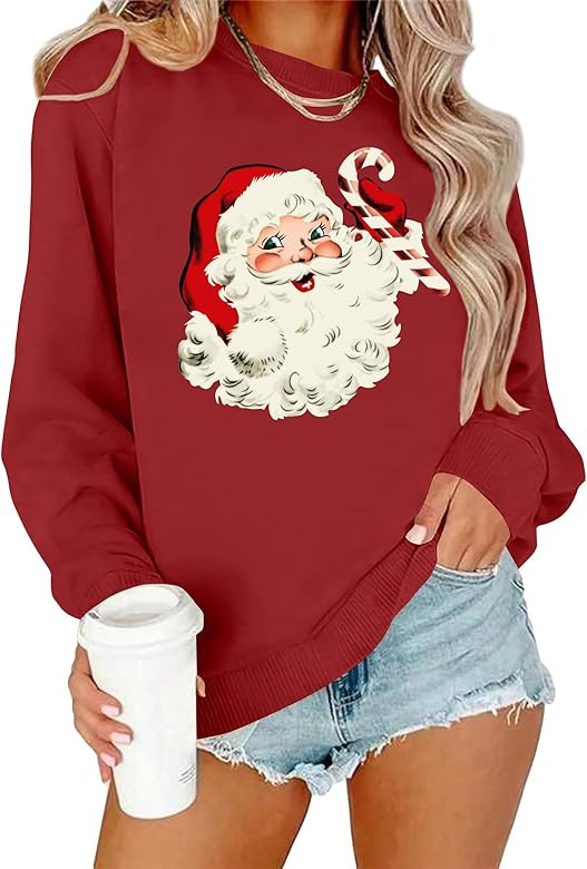 VVNTY Christmas Sweatshirts for Women Retro Santa Claus Graphic Long Sleeve Shirt Xmas Pullover T... | Amazon (US)