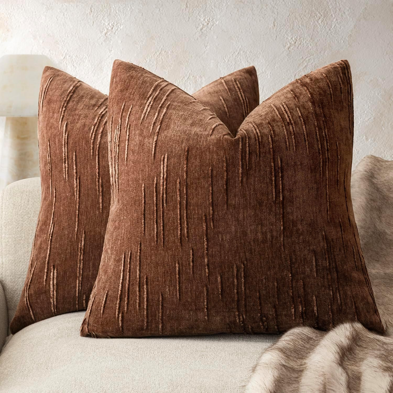 Foindtower Pack of 2 Slubby Textured Chenille Throw Decorative Pillow Covers Square Accent Solid Cushion Cover Cozy Neutral Farmhouse PillowCase for Couch Sofa Bedroom Living Room 20x20 Inch,Red Brown | Amazon (US)