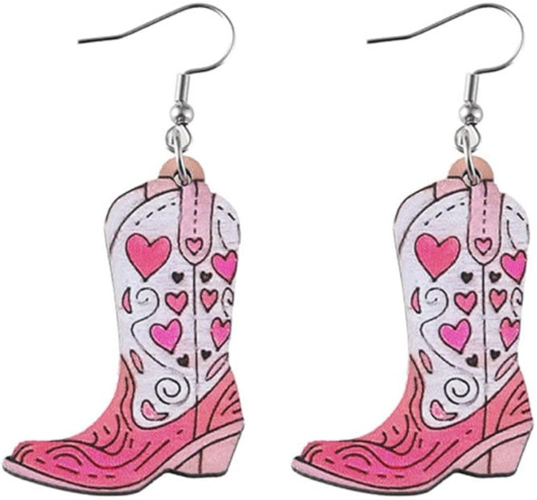 Boho Western Cowgirl Boots Hat Wooden Earrings for Women Pink Cowboy Flower Leaf Dangle Drop Earr... | Amazon (US)
