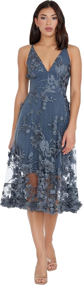 Dress the Population Women's Audrey Spaghetti Strap Midi A-line 3D Floral Dress | Amazon (US)