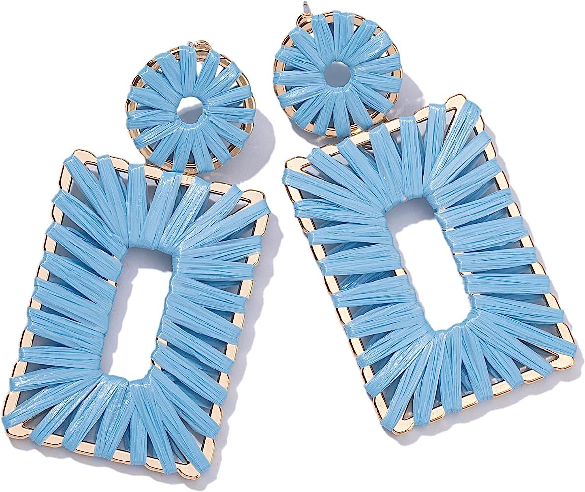Amazon.com: Statement Raffia Earrings Boho Drop Earrings Geometric Dangle Earrings for Women Hand... | Amazon (US)