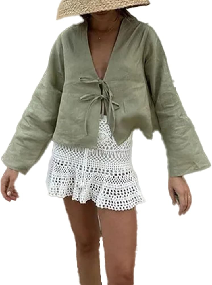 Chvity Tie Front Tops for Women Y2K Linen Shirts Flare Sleeve V Neck Going Out Coquette Clothes C... | Amazon (US)