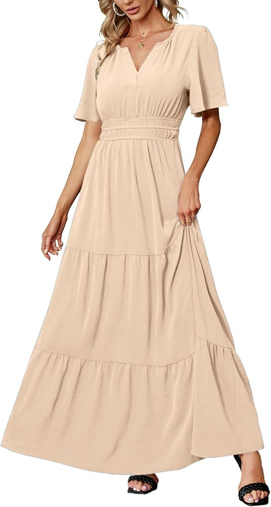 Amegoya Women's Summer Boho Maxi Dresses Casual V Neck Short Sleeve A-line Empire Waist Long Flow... | Amazon (US)