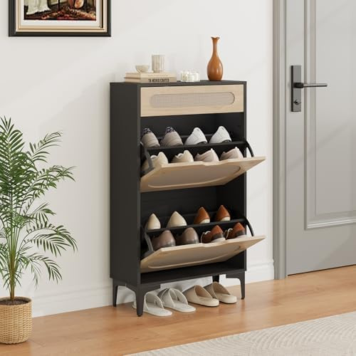Shoe Cabinet, Rattan Shoe Storage With 2 Flip Drawer and 1 Pull-Out Drawer, Heavy Duty Metal Leg,... | Amazon (US)