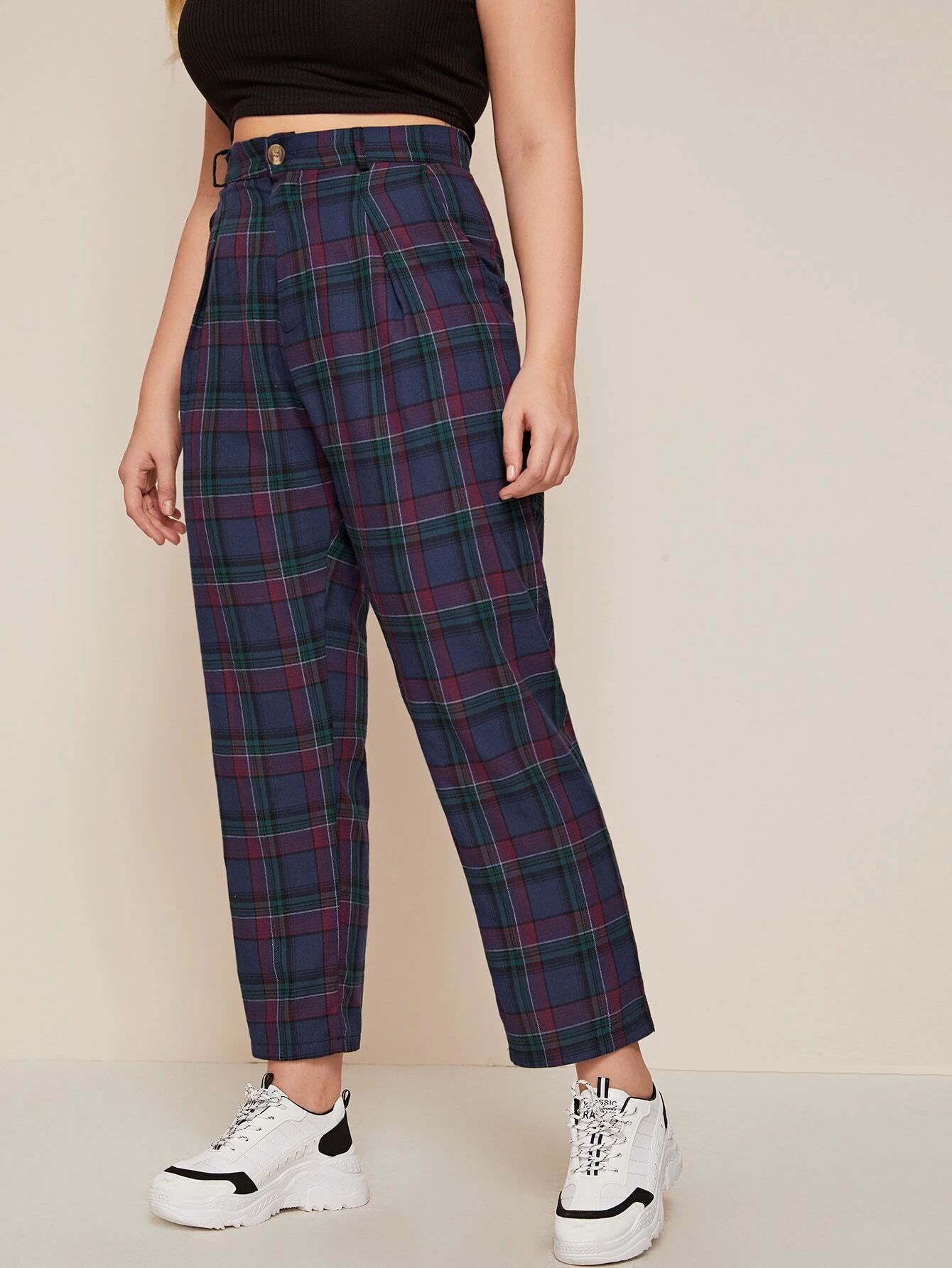 Plus Tartan Plaid Button Fly Pants | SHEIN