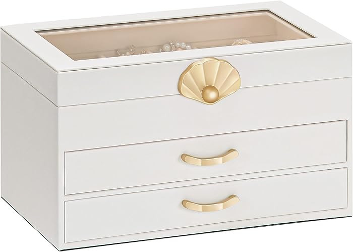 Jewelry Box with 2 Drawers: Display Organizer for Earrings Necklaces - Gift for Girls Women (Whit... | Amazon (US)