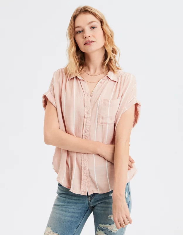 AE Short Sleeve Striped Button-Down Shirt | American Eagle Outfitters (US & CA)