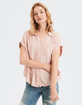 AE Short Sleeve Striped Button-Down Shirt | American Eagle Outfitters (US & CA)
