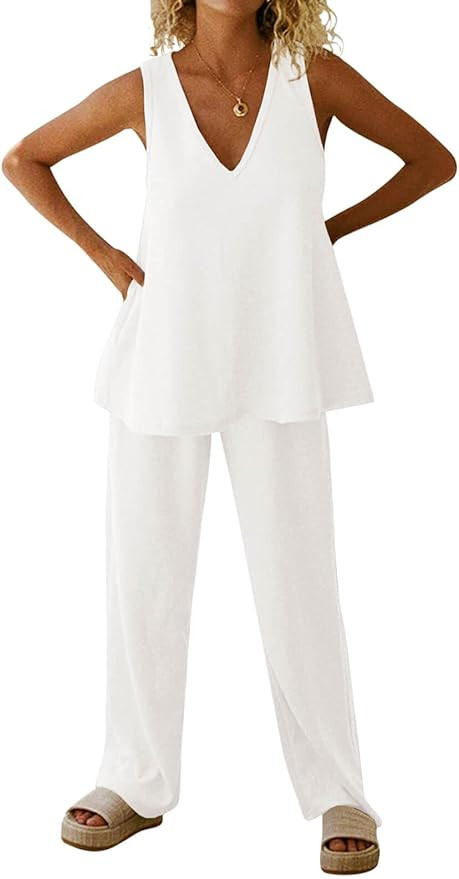 Imily Bela Women's Two Piece Outfits Summer Ribbed Flowy Tank Top and Wide Leg Pants Sets Casual ... | Amazon (US)