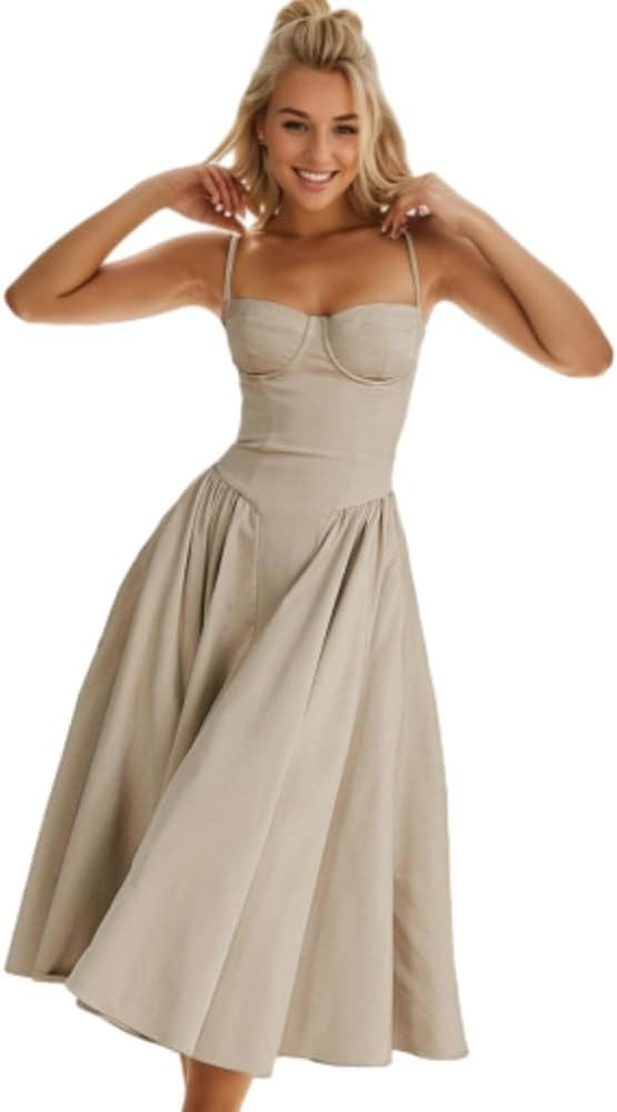 KT Womens Corset Dress Elegant Spaghetti Strap Bustier Midi Dress Flowy Pleated Hem Low Cut Prom ... | Amazon (US)