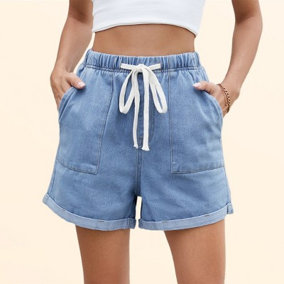 Clearlove Womens Denim Shorts Front Patch Pockets Cuff Hem Jean Shorts with Drawstring High Rise Rolled Hem Denim Shorts 3" Inseam, Light blue - S | Target