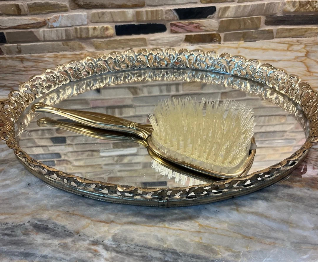 Vintage Gold Finish Mirror Vanity Tray With Brush - Etsy | Etsy (US)
