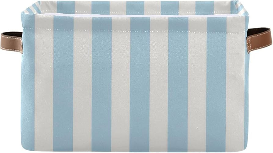 Light Blue White Striped Storage Bins Foldable Canvas Fabric Storage Basket with Handles for Orga... | Amazon (US)